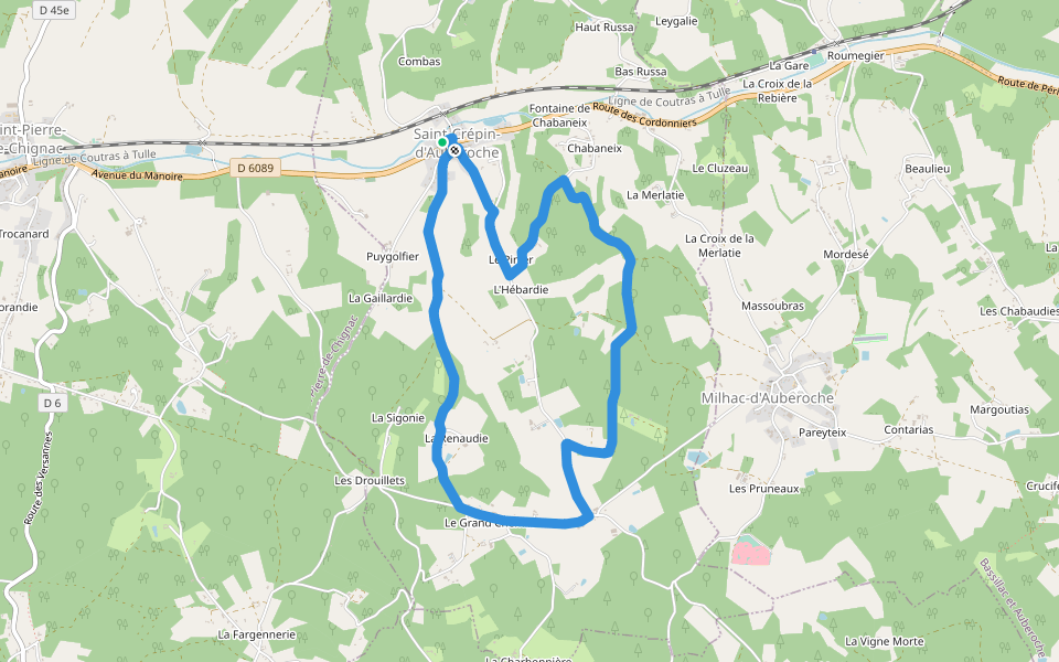 Boucle de la Tuillère walking route map in Saint-Crépin-d'Auberoche