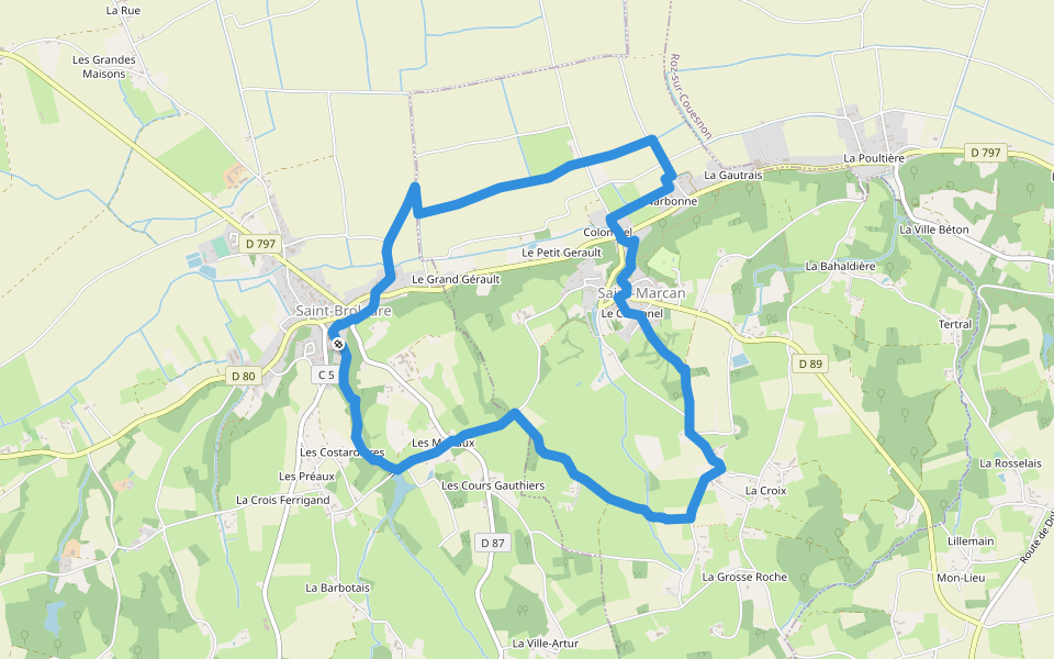 Les Deux Vallées walking route map in Saint-Broladre