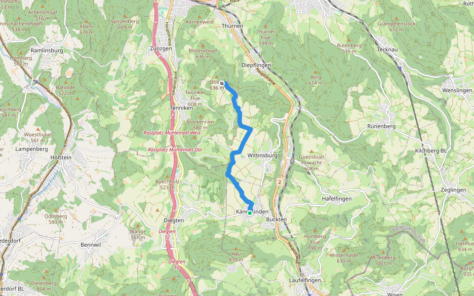 Känerkinden - Gisiberg walking route map in Känerkinden