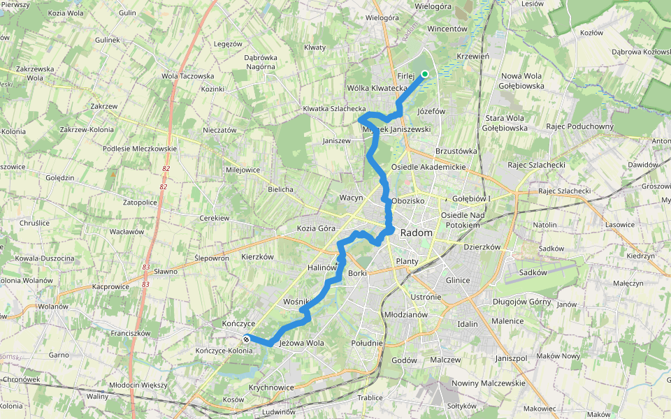 Radom Pruszaków MPK - Radom Firlej Cmentarz walking route map in Radom