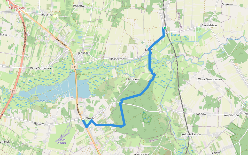 Batodziej PKP - Wsola PKS walking route map in Lisów