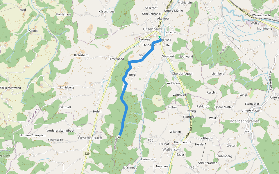 Ursenbach-Bergwald walking route map in Ursenbach