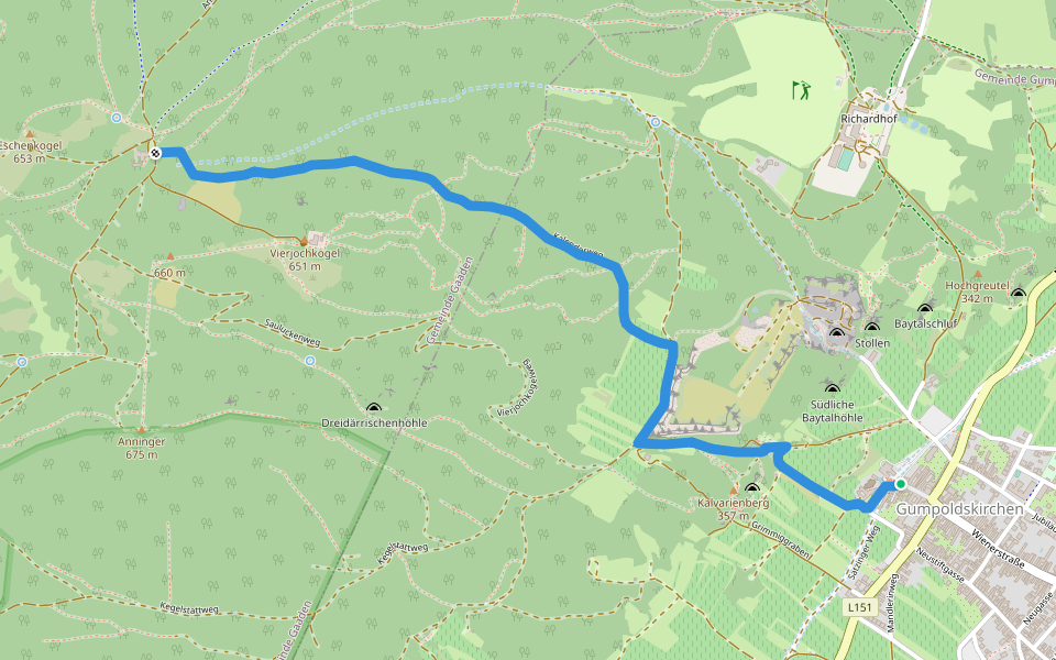 Gumpoldskirchen Zentrum - Kreuzweg - Hubertushütte - Kalenderweg - Anningerhaus walking route map in Gumpoldskirchen