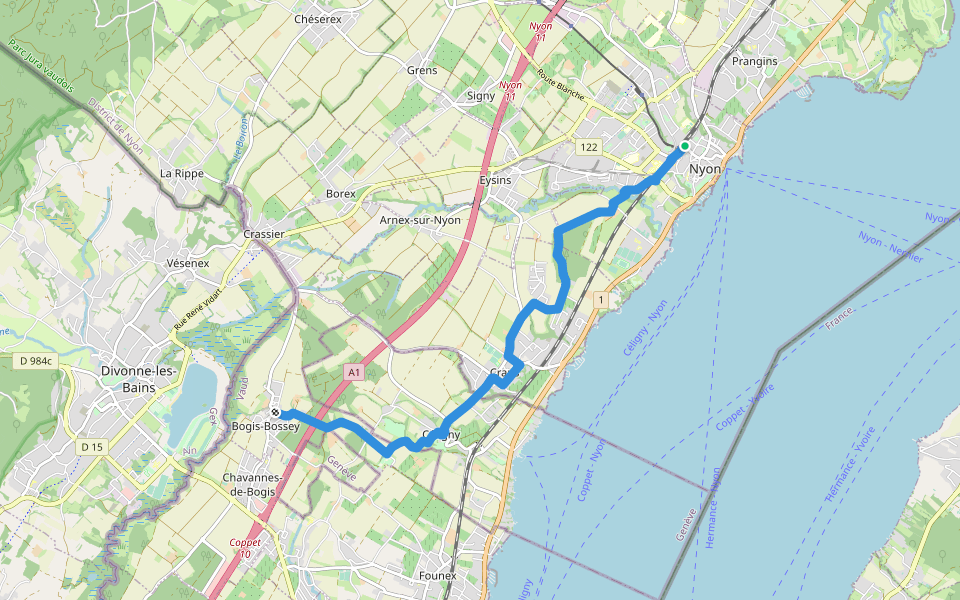 Chemin panorama alpin - Étape 28 (Nyon - Chavannes-de-Bogis) walking route map in Nyon
