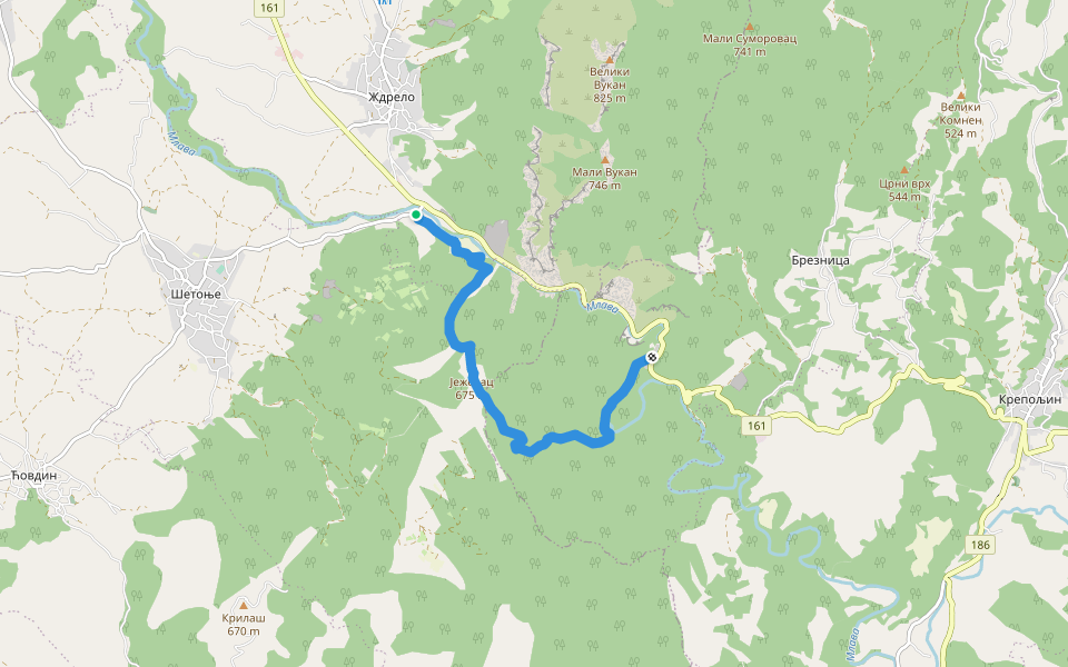 Јежевац преко Козјег Грба walking route map in Ждрело