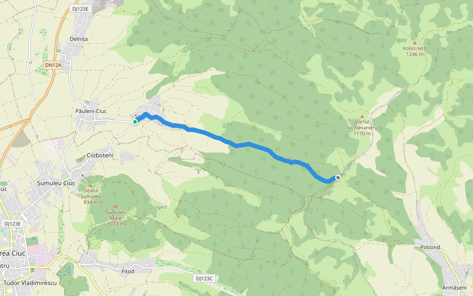 Csíkcsomortán-Kísérleti Állomás Kék kereszt (B+) walking route map in Şoimeni