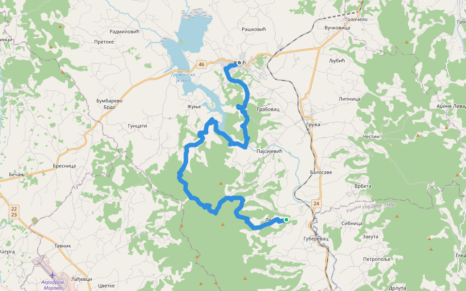 Лесковац - Котлењача - Гружанско језеро - Кнић walking route map in Лесковац