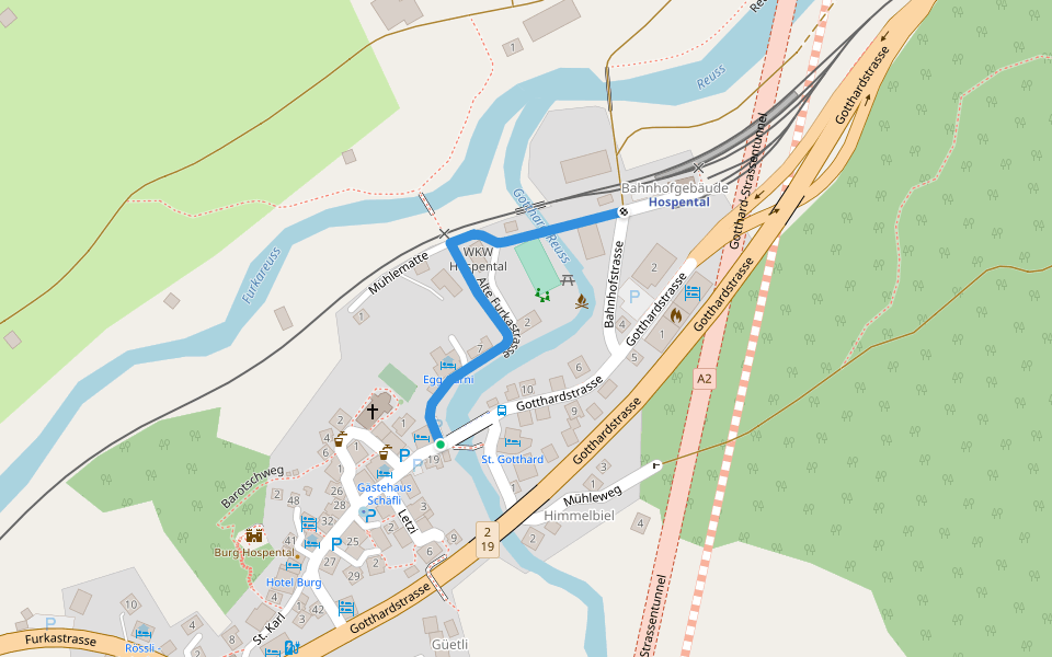 Hospental Dorf - Bahnhof walking route map in Hospental