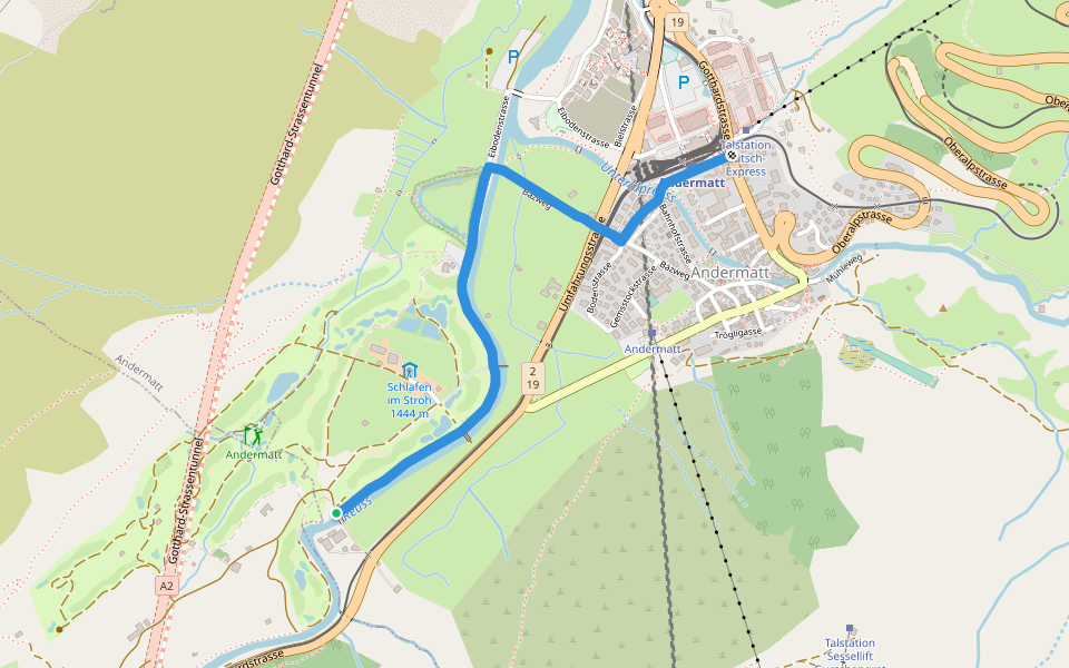 Andermatt-Rüssenbiel walking route map in Andermatt