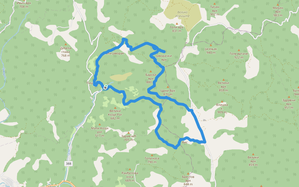 ПД Грза - Велики Козји Рог - Вис - Црни врх - Јаворак - ПД Грза walking route map in Горња Мутница