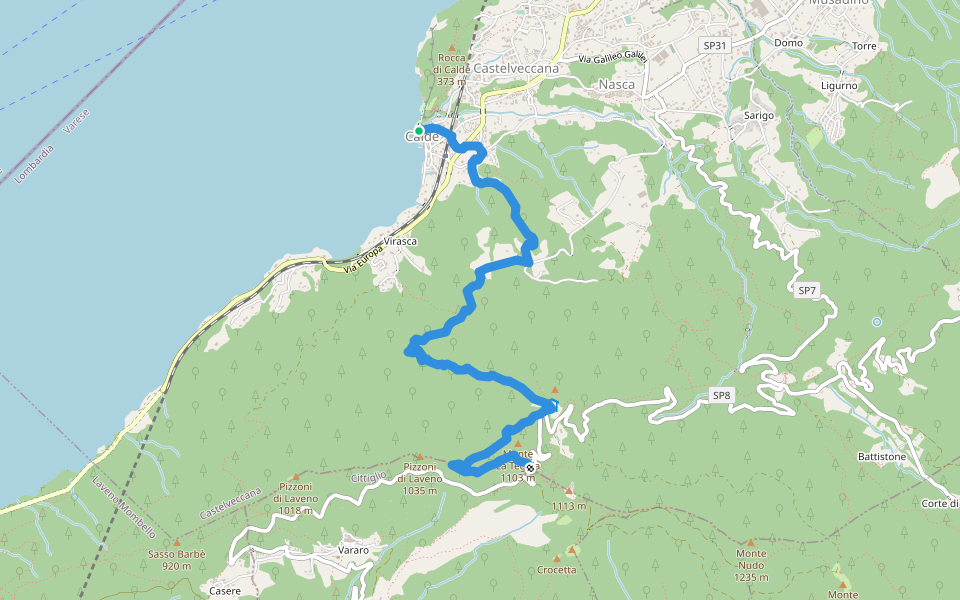 225 Caldè-Rif. Adamoli-P.so Cuvignone walking route map in Caldè