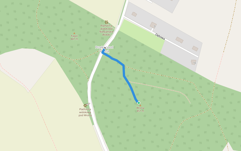 Żółty szlak dojściowy do szczytu Wrona walking route map in Myśliszów