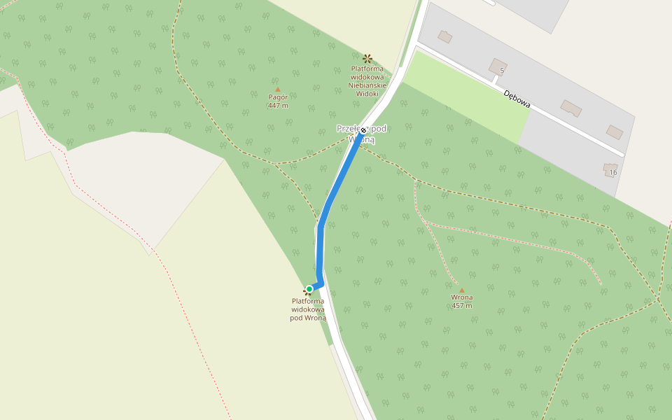 Żółty szlak dojściowy do punktu widokowego pod Wroną walking route map in Bielawa