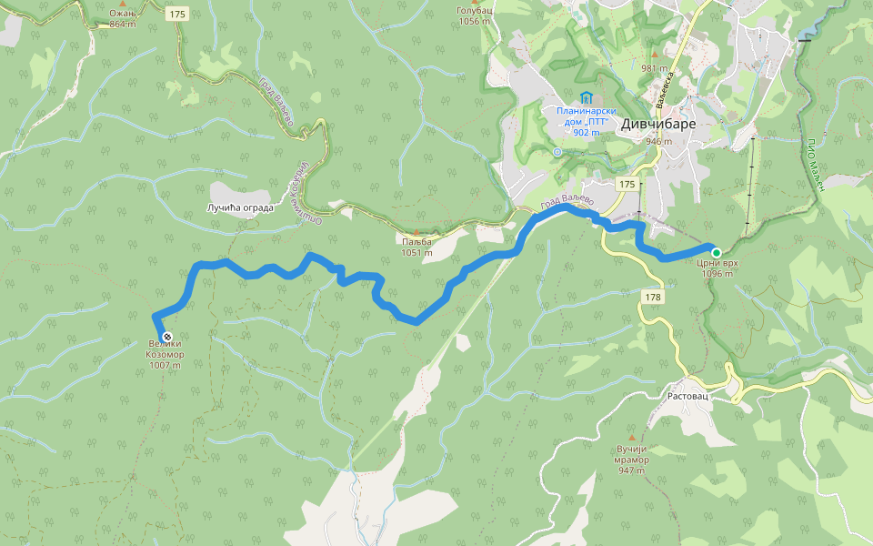Црни Врх - Велики Козомор walking route map in Divčibare