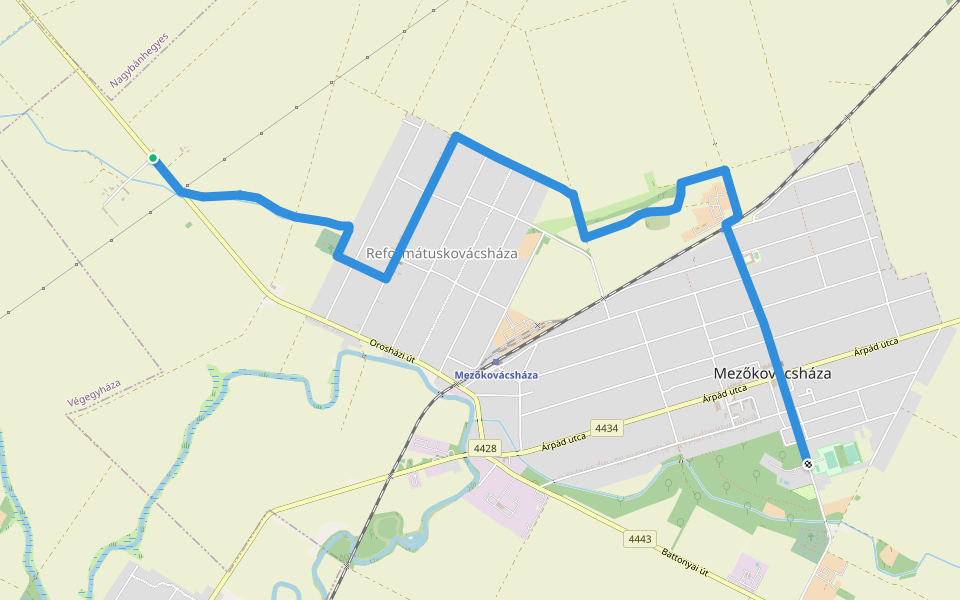 P+ (Mezőkovácsháza,Szabadidő park – Babómajor) walking route map in Mezőkovácsháza