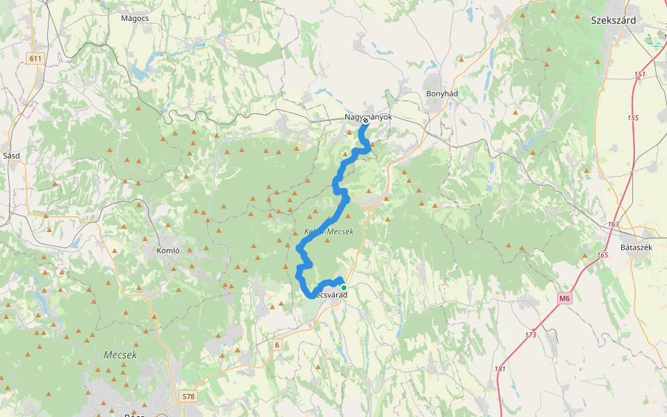 P+ (Zengővárkony – Pécsvárad – Réka-völgy – Nagymányok) walking route map in Zengővárkony