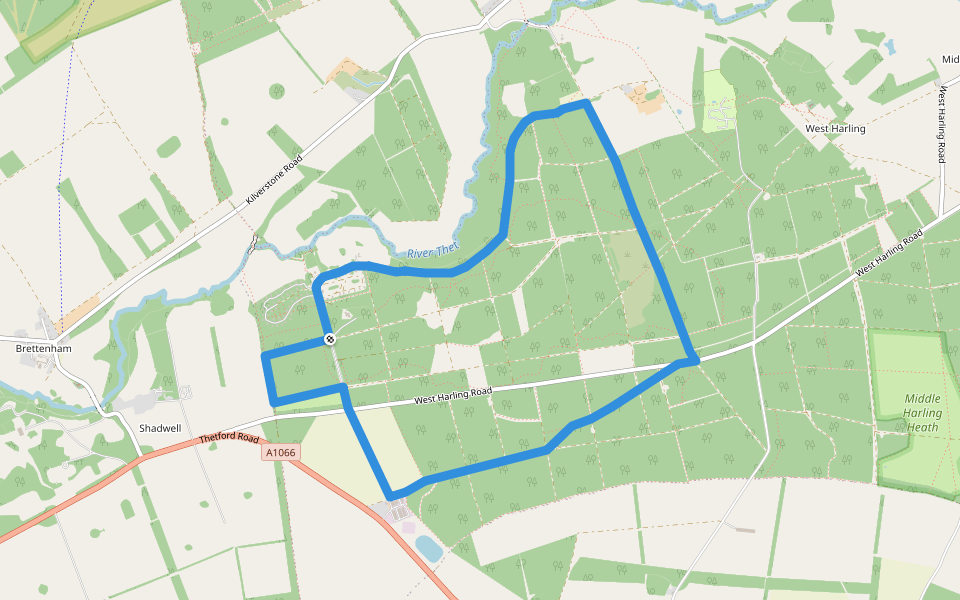West Harling Circular Walk walking route map in Shadwell