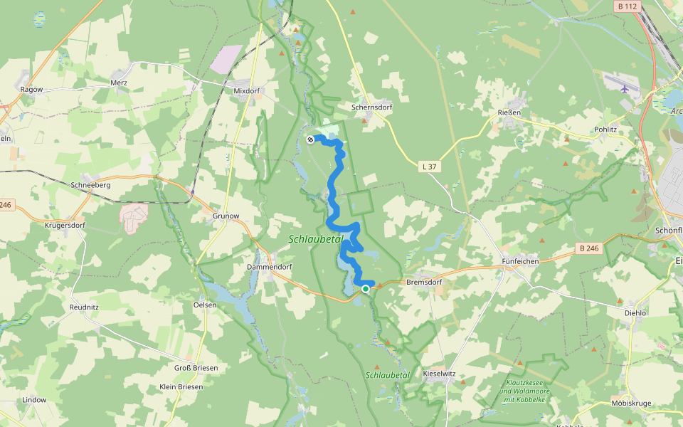 Gelber Balken Bremsdorfer Mühle - Kupferhammer walking route map in Schlaubetal