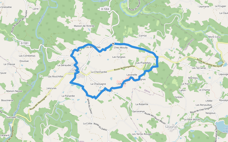 Boucle des Côteaux et des Gorges walking route map in Génis
