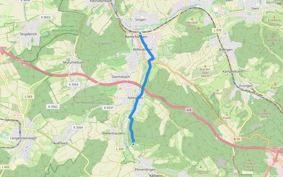 Unterwald - Wilferdingen Bahnhof walking route map in Keltern