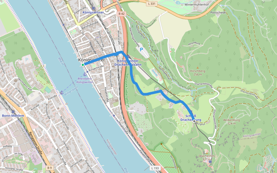 Rheinsteig-Zuweg Königswinter Rheinfähre walking route map in Königswinter