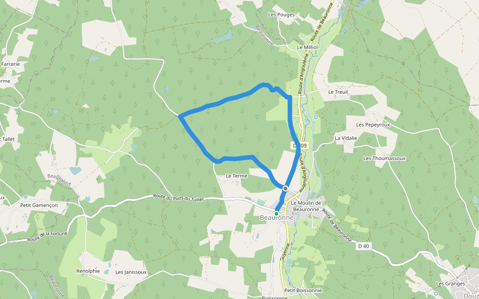 Boucle de Maine Moulin walking route map in Beauronne