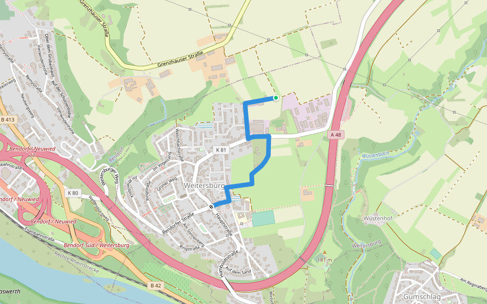 Rheinsteig-Zuweg Weitersburg walking route map in Weitersburg