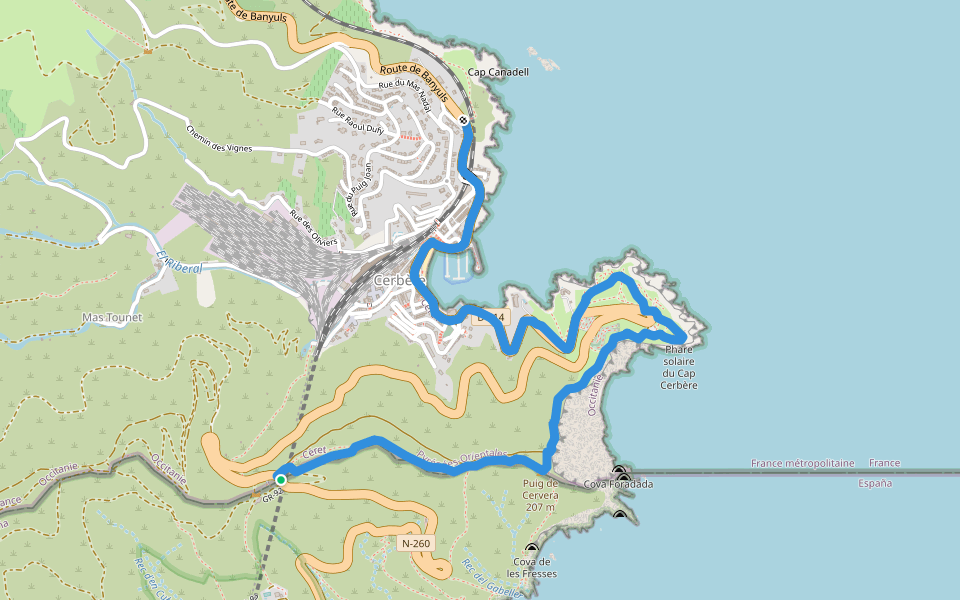 E12 France, Col des Belitres - Cerbère walking route map in Portbou