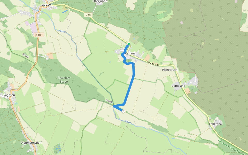 Brück-Krahne walking route map in Planebruch
