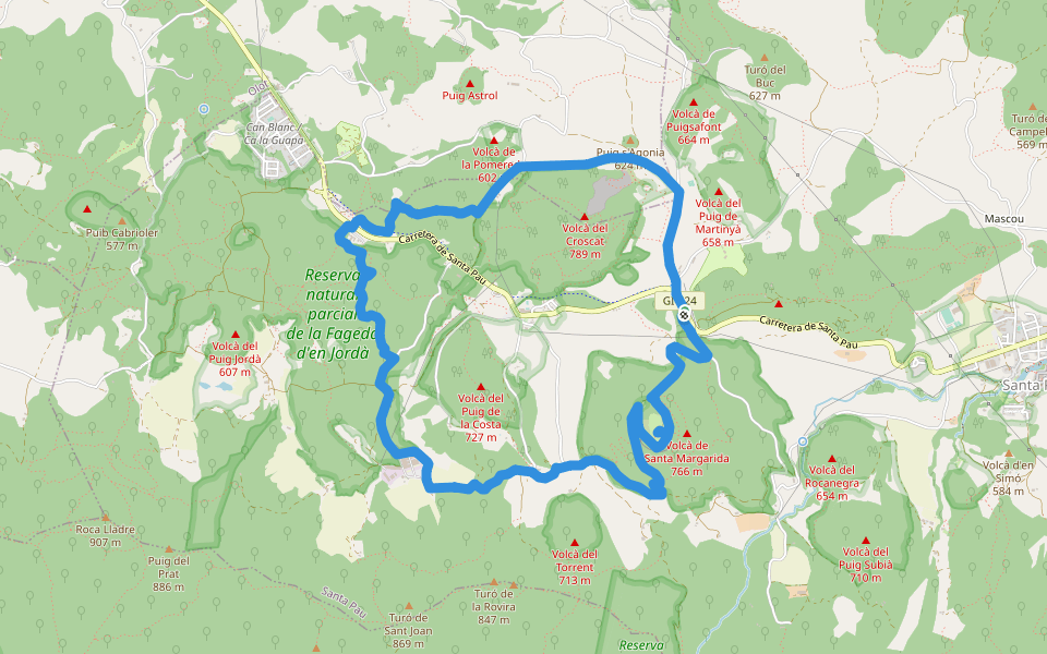 1 Fageda d'en Jordà - Volcà de Santa Margarida - Volcà del Croscat walking route map in Santa Pau