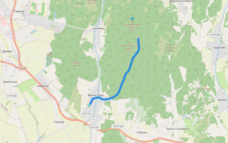 Шлях Плотені walking route map in Velyki Lazy