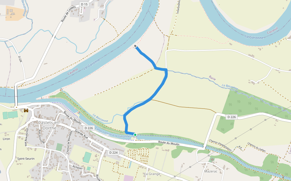 Déviation pour Les Gabares et Les Eaux Mêlées walking route map in Castets et Castillon