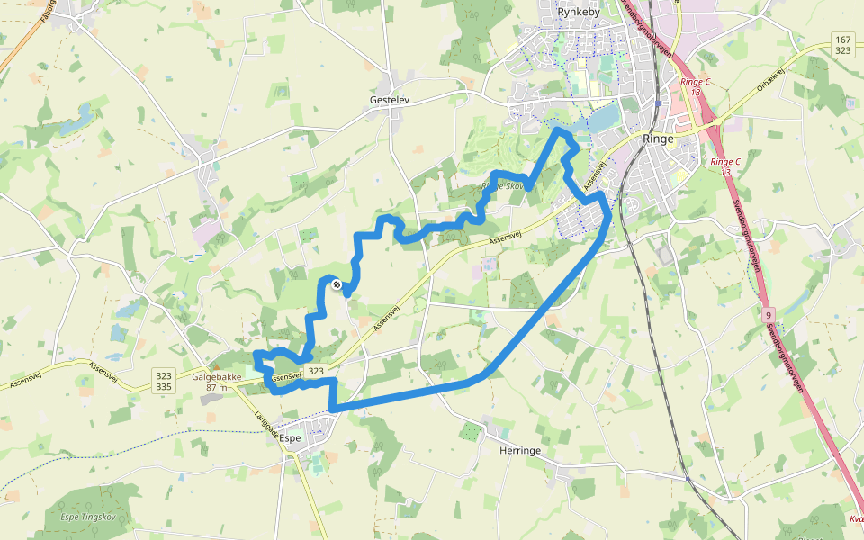 Ringe-Espe Stien walking route map in Ringe