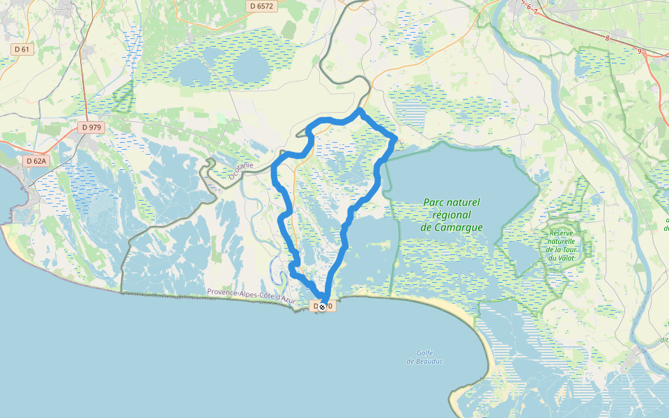 Boucle entre les deux bras du Rhône walking route map in Saintes-Maries-de-la-Mer