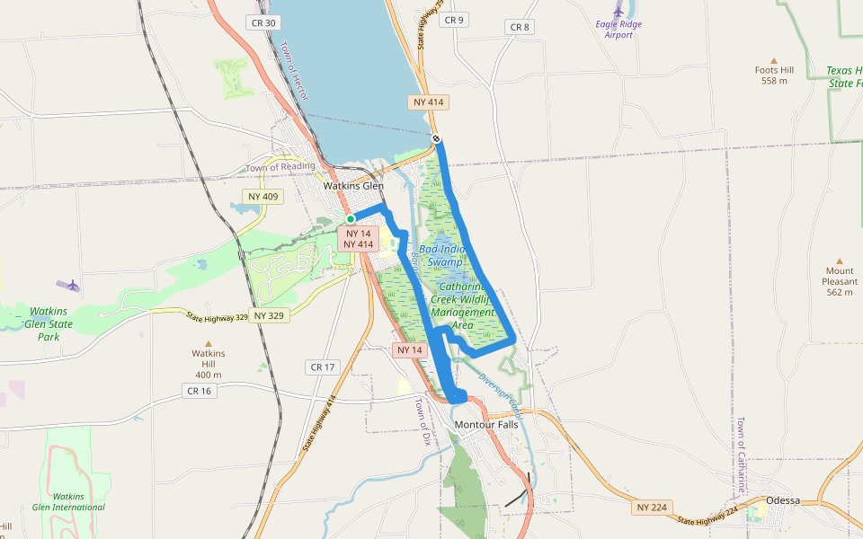 Queen Catherine Marsh Loop Trail walking route map in Watkins Glen