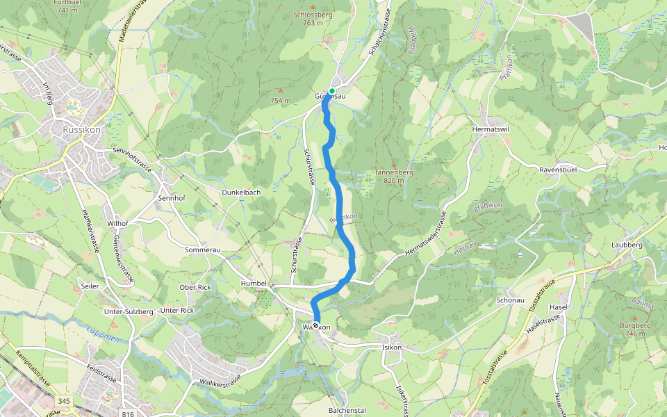 Gündisau - Wallikon walking route map in Russikon