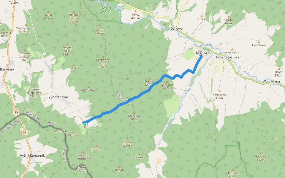 Zyndranowa Schronisko - Jaśliska walking route map in Zyndranowa