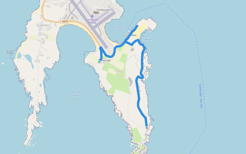 Sumburgh Head to Grutness walking route map in Virkie