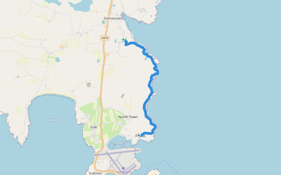 Croft Museum to Pool of Virkie walking route map in Dunrossness