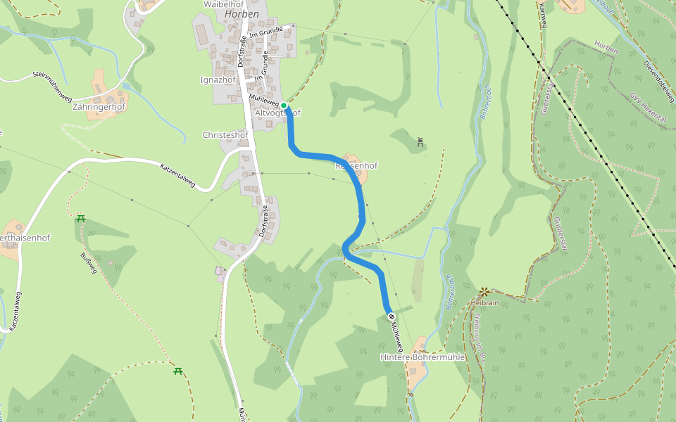 gelbe Raute Horben - hintere Bohrermühle walking route map in Horben