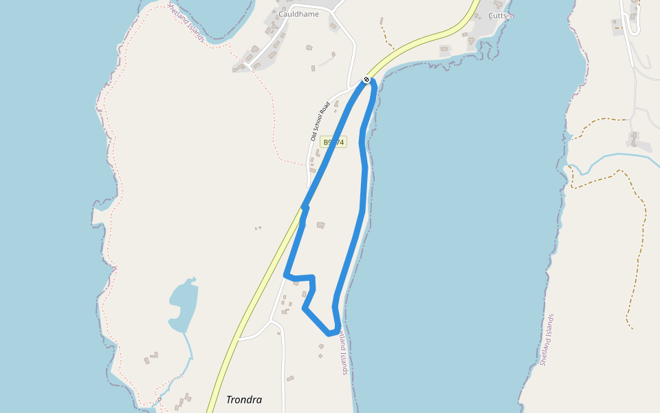 Trondra Hall to Trondra Bridge walking route map in Scalloway