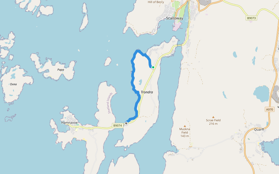 Cauldhame to Burra Bridge Coastal walking route map in Trondra