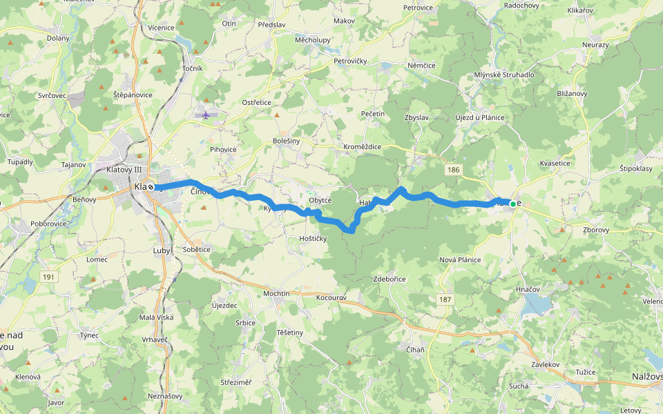 [Č] Křižíkova cesta (Klatovy - Nepomuk) walking route map in Plánice