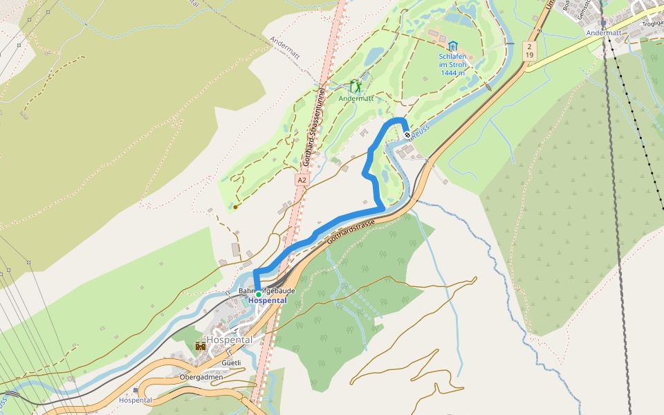 Hospental - Rüssenbiel walking route map in Hospental