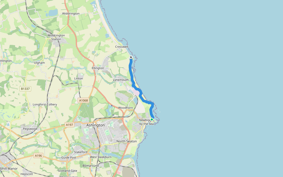 England Coast Path (South Bents to Amble) walking route map in Newbiggin-by-the-Sea