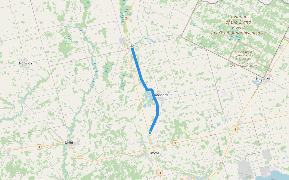 Waterford Heritage Trail (hiking) walking route map in Simcoe