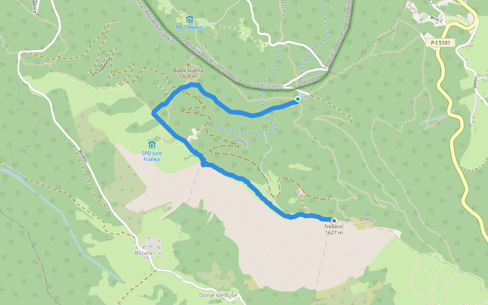 Vrh Trebevića preko grebena walking route map in Dovlići