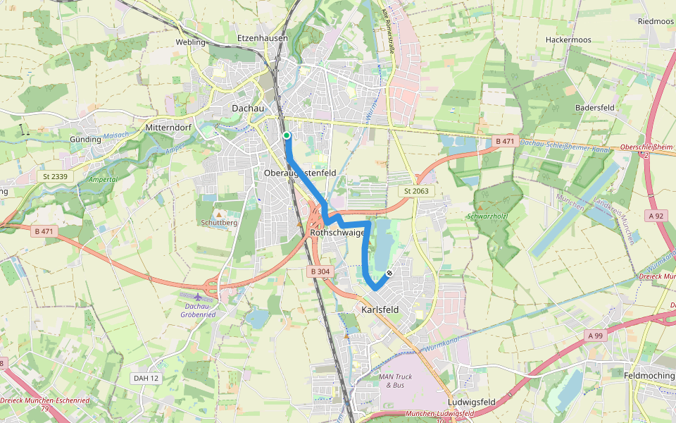 MVV Wanderweg Dachau Karlsfelder See walking route map in Dachau