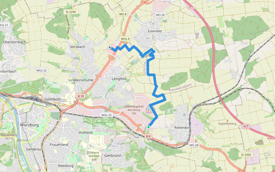 Würzburgs Stadtgrenze, 1. Teil walking route map in Rottendorf