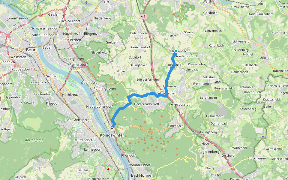 [<1] Wanderweg 1 des KEV [Königswinter] walking route map in Hennef (Sieg)